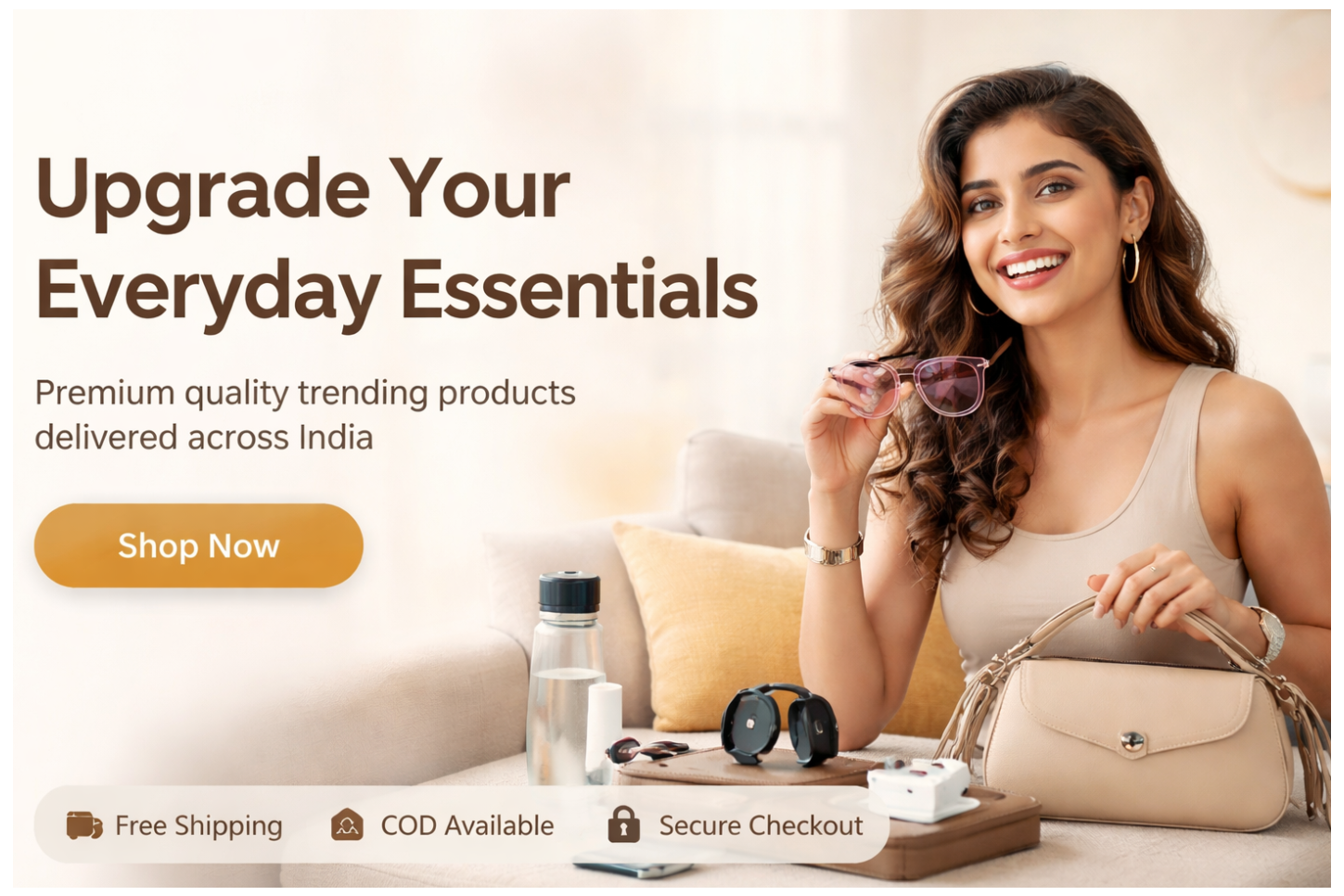 Woman holding a handbag with promotional text about upgrading everyday essentials.
